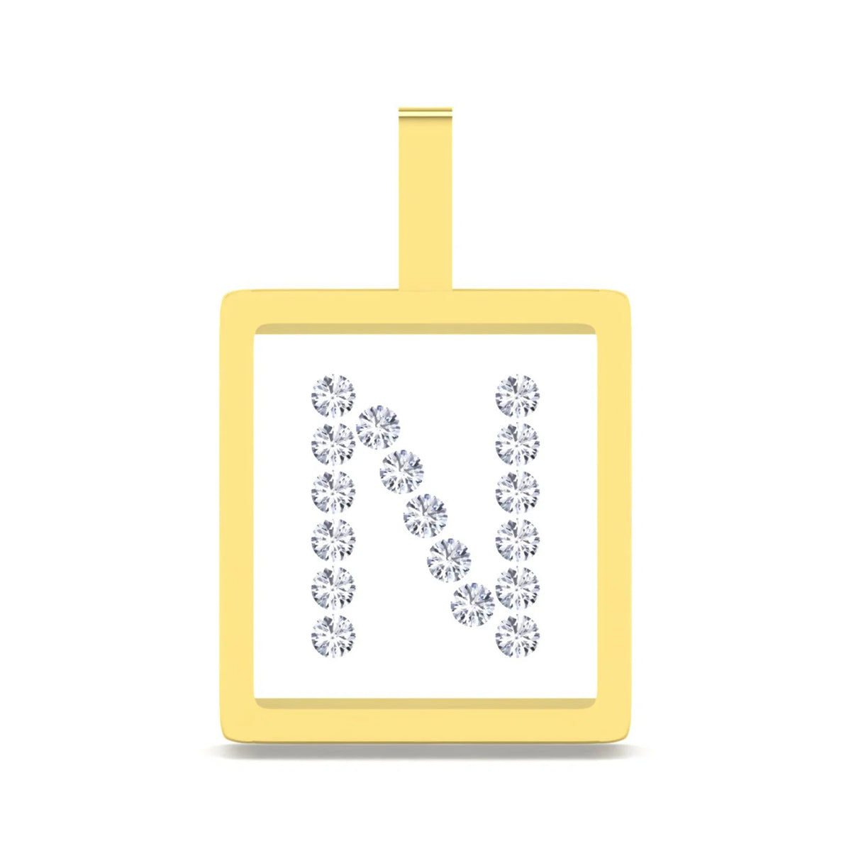 A square yellow gold pendant with a top loop, featuring the letter 'N' outlined and filled with sparkling clear gemstones on a white background.