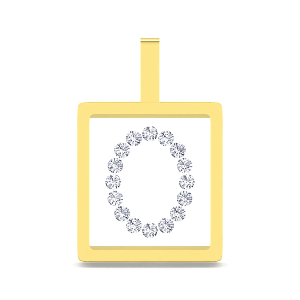 A square pendant with a yellow gold border and a top loop, featuring the letter 'O' formed by small clear gemstones on a white center panel, shown on a plain white background.