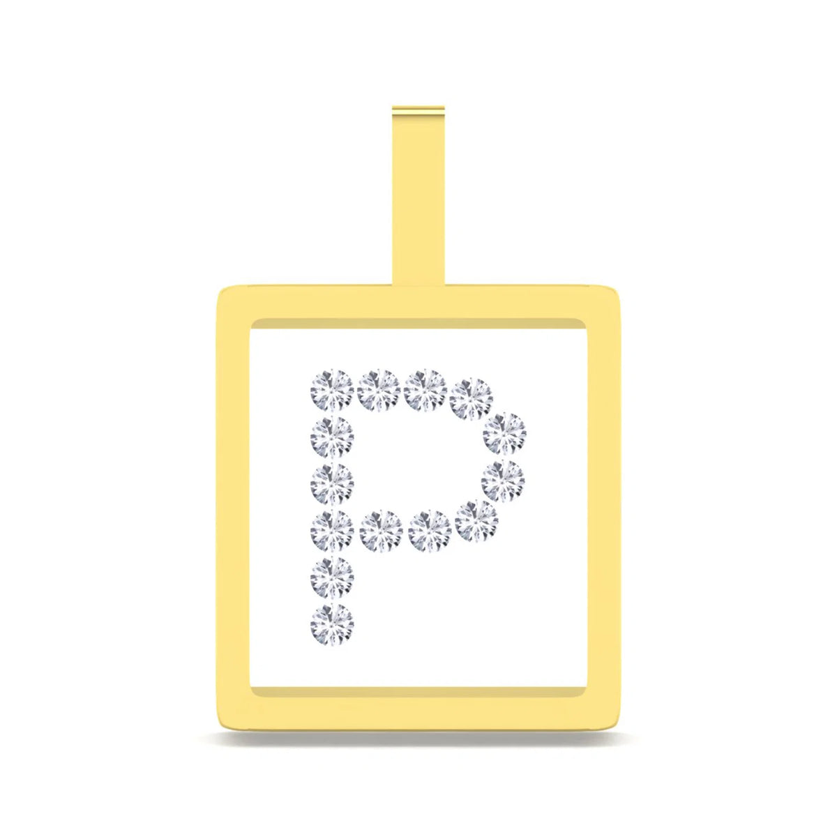 A square pendant with a gold border and a top loop, featuring a white center set with a large letter 'P' made of clear gemstones, shown on a plain white background.