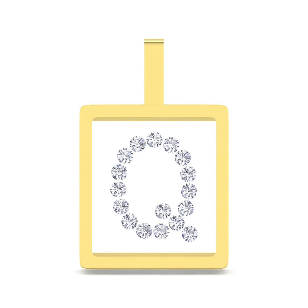 A square yellow gold pendant with a top loop, featuring a white center set with a circular arrangement of clear gemstones spelling the letter 'Q'.