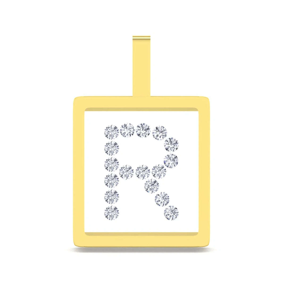 A square yellow gold initial pendant featuring the letter 'R' paved with clear round-cut gemstones on a white background, complete with a top loop.