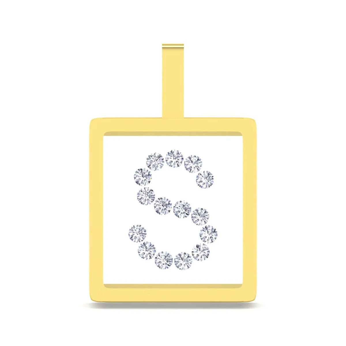 A square pendant with a gold-tone border and top loop, featuring a white center set with a large letter S made of small clear gemstones, shown on a plain white background.