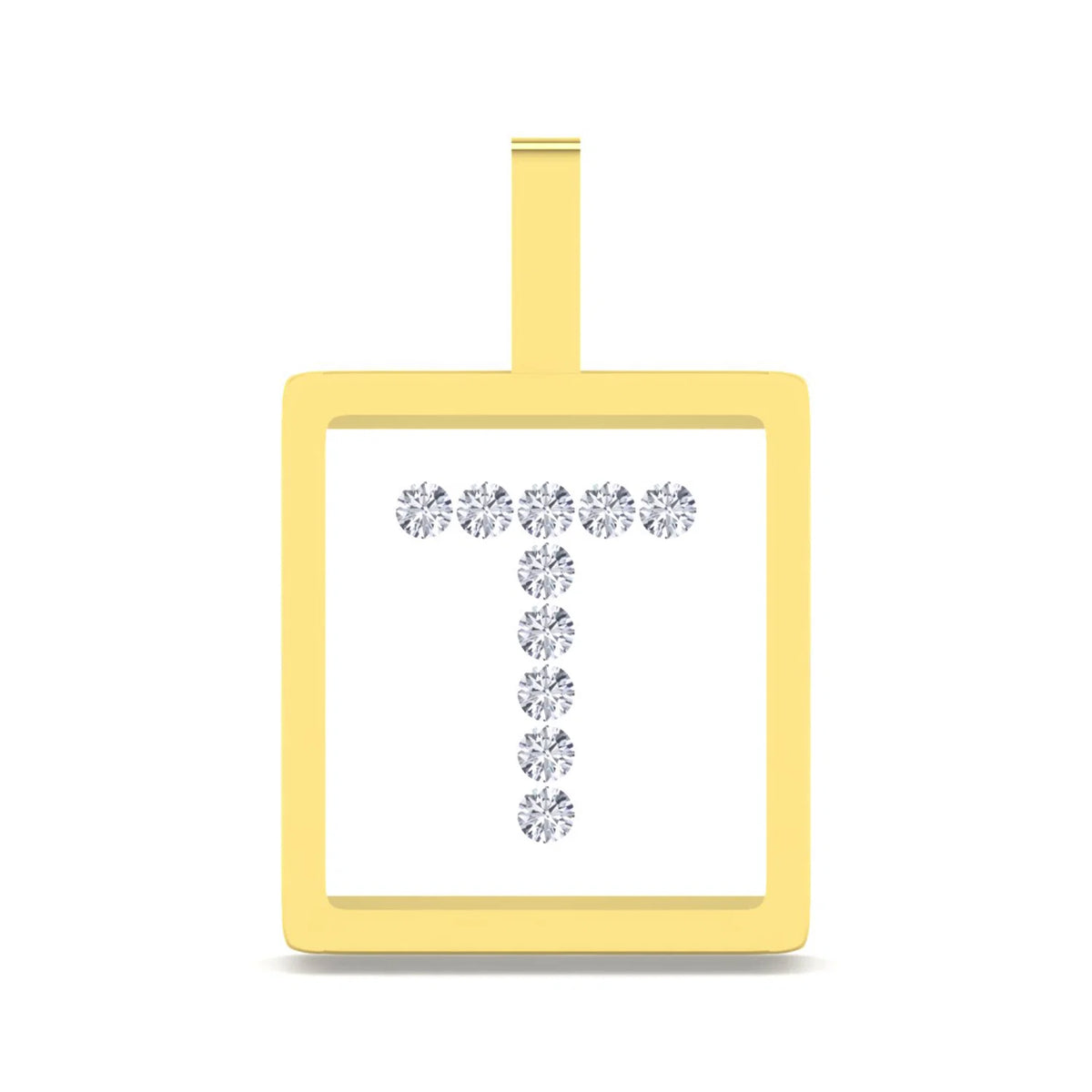 A yellow gold square pendant with a top loop, featuring a white center inlaid with a sparkling gemstone letter 'T'.
