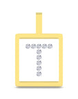 A yellow gold square pendant with a top loop, featuring a white center inlaid with a sparkling gemstone letter 'T'.