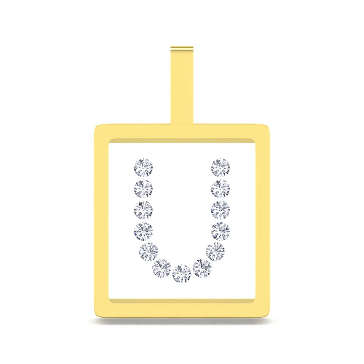 A yellow gold square pendant with a top loop, featuring a white center insert decorated with a U-shaped arrangement of clear gemstones, shown on a plain white background.