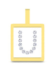 A yellow gold square pendant with a top loop, featuring a white center insert decorated with a U-shaped arrangement of clear gemstones, shown on a plain white background.