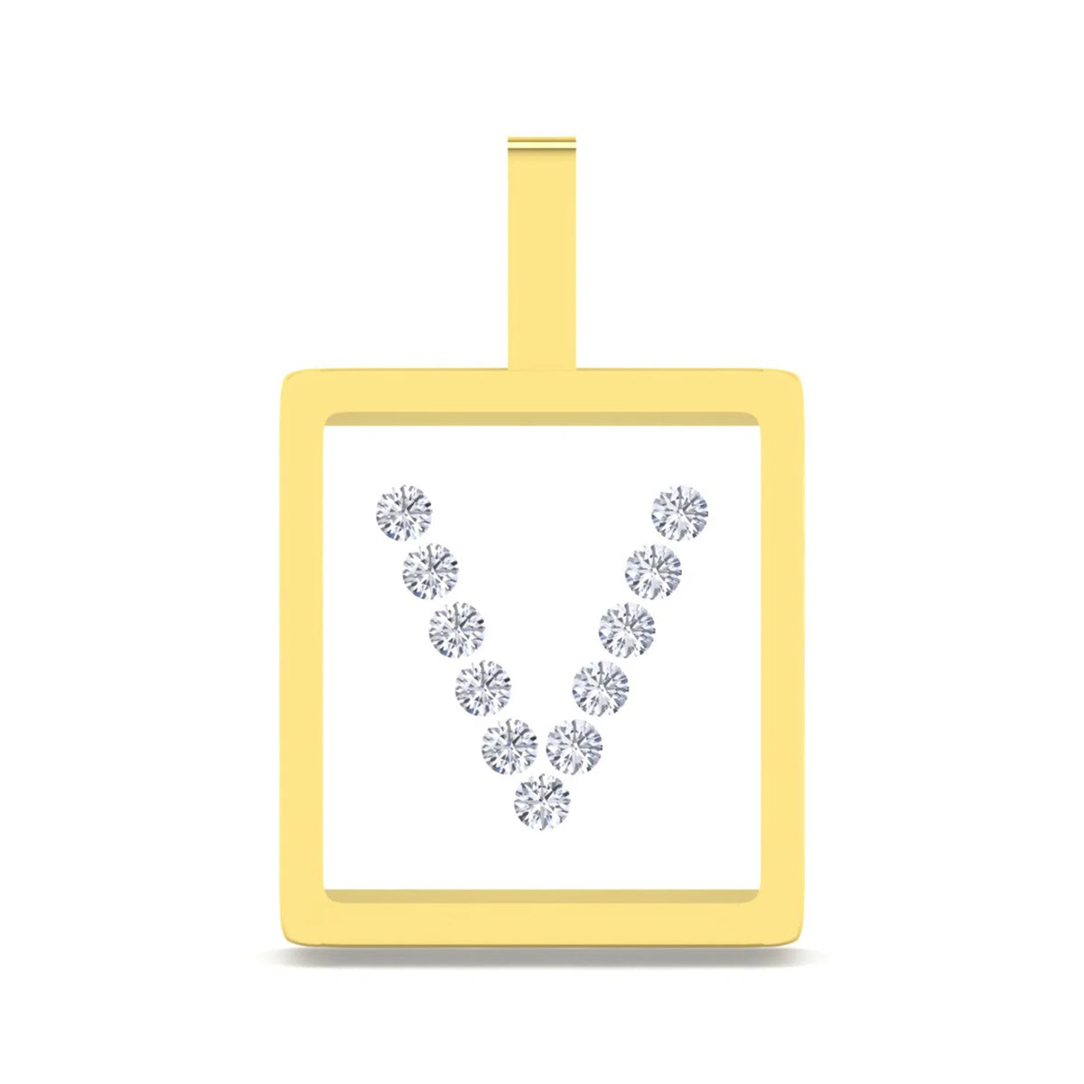 A yellow gold square pendant with a V-shaped arrangement of small round clear gemstones in the center, shown on a plain white background.