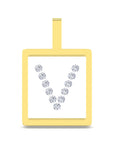 A yellow gold square pendant with a V-shaped arrangement of small round clear gemstones in the center, shown on a plain white background.