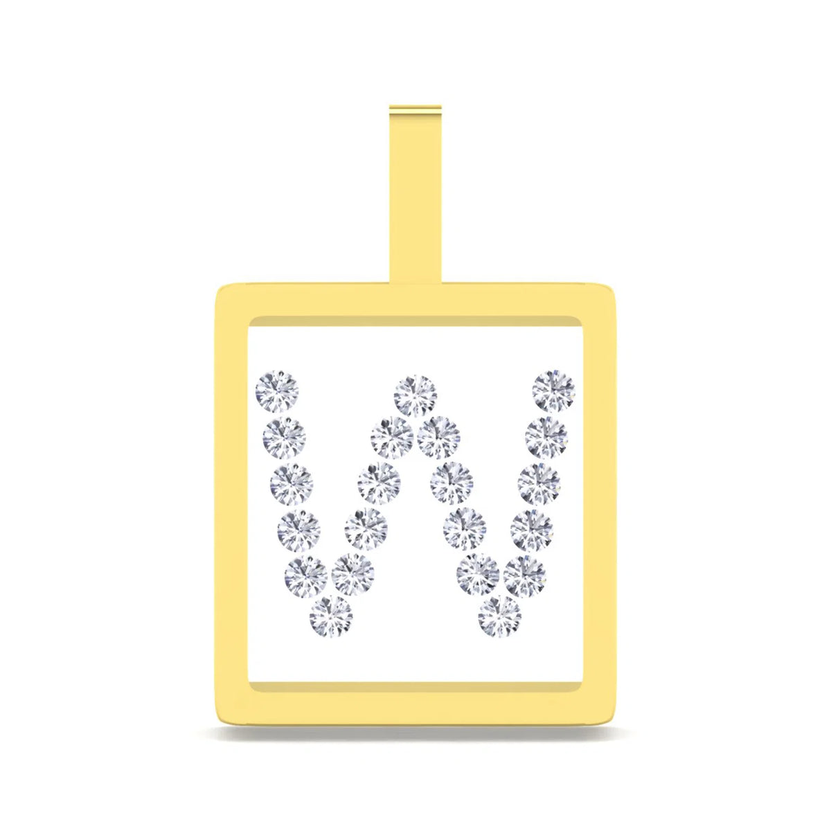 A square yellow gold pendant with a top loop, featuring a white center inlaid with a large letter 'W' made of clear round gemstones, shown on a plain white background.