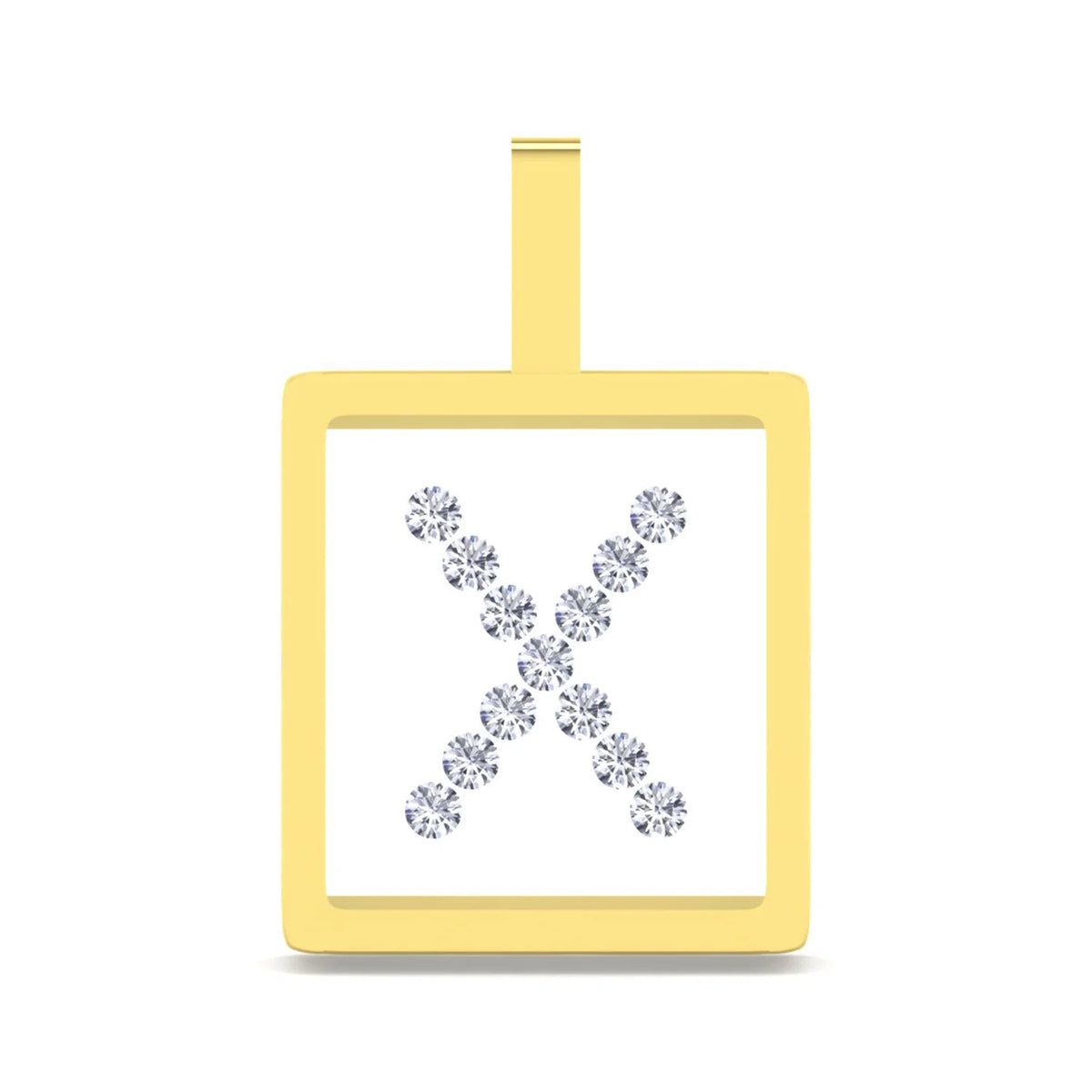 A square yellow gold pendant with a top loop, featuring a white center inlaid with a sparkling silver-toned letter 'X' made of small round stones, shown on a plain white background.