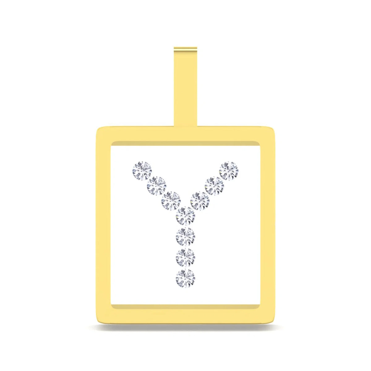 A yellow gold pendant with a square frame and a top bail, featuring a Y-shaped arrangement of clear round-cut gemstones in the center, shown on a plain white background.