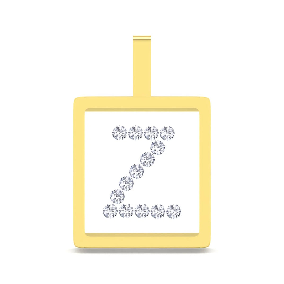 A square yellow gold initial pendant featuring the letter 'Z' paved with clear round gemstones on a white background, with a gold hanging loop at the top.