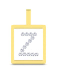 A square yellow gold initial pendant featuring the letter 'Z' paved with clear round gemstones on a white background, with a gold hanging loop at the top.