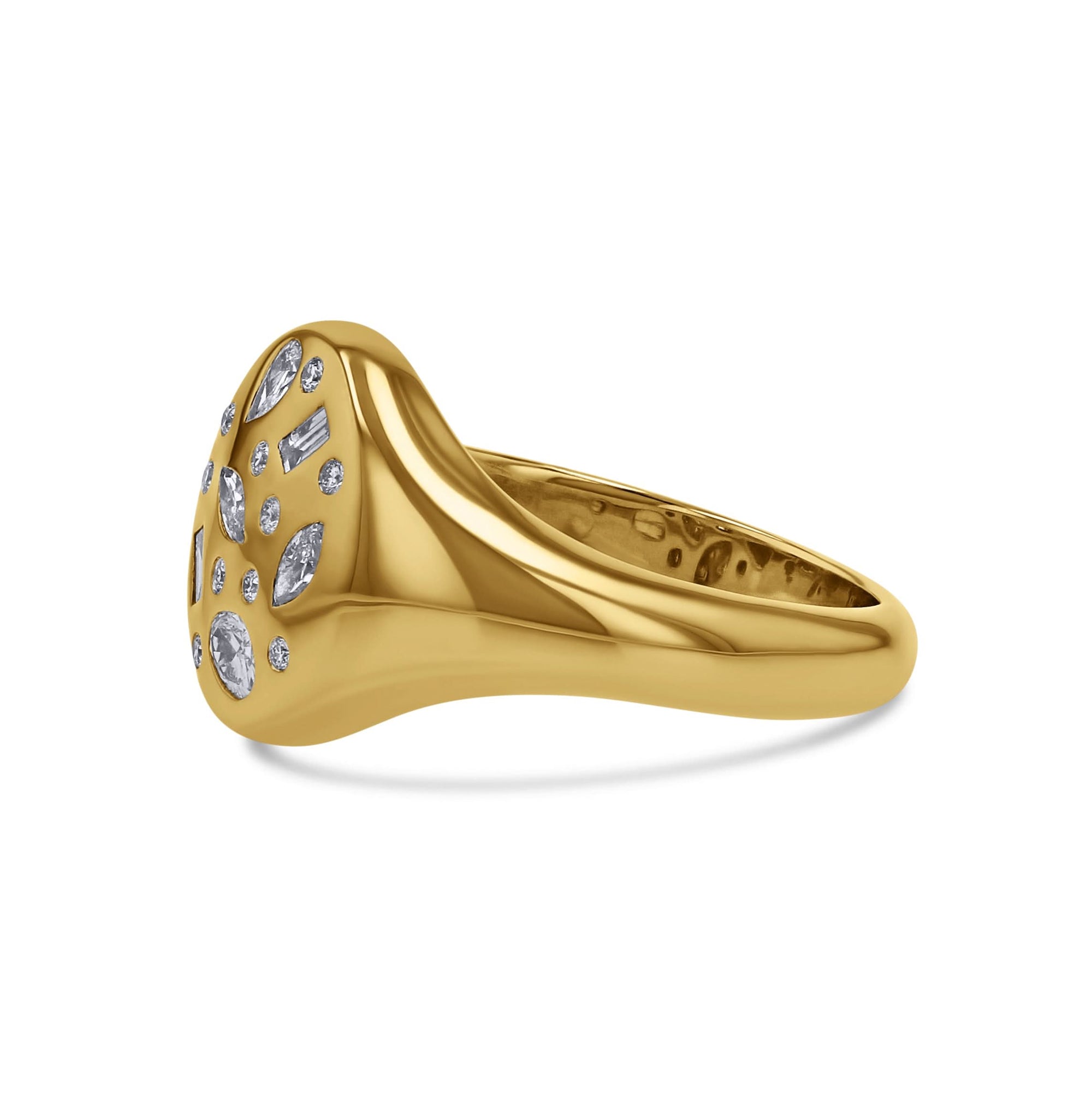 Gold ring with diamond stones on a white background side view