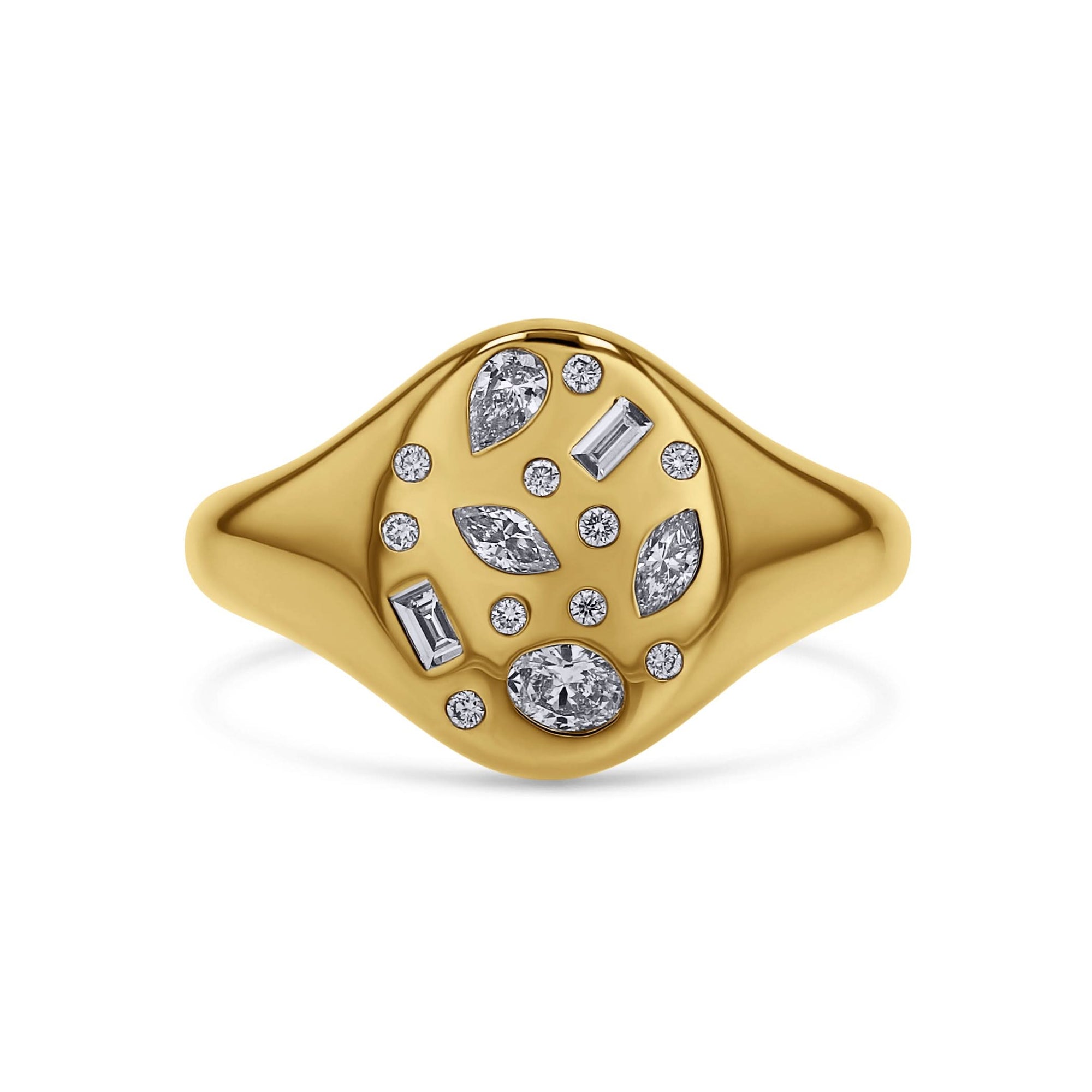 Gold ring with mixed shape diamonds  on a white background