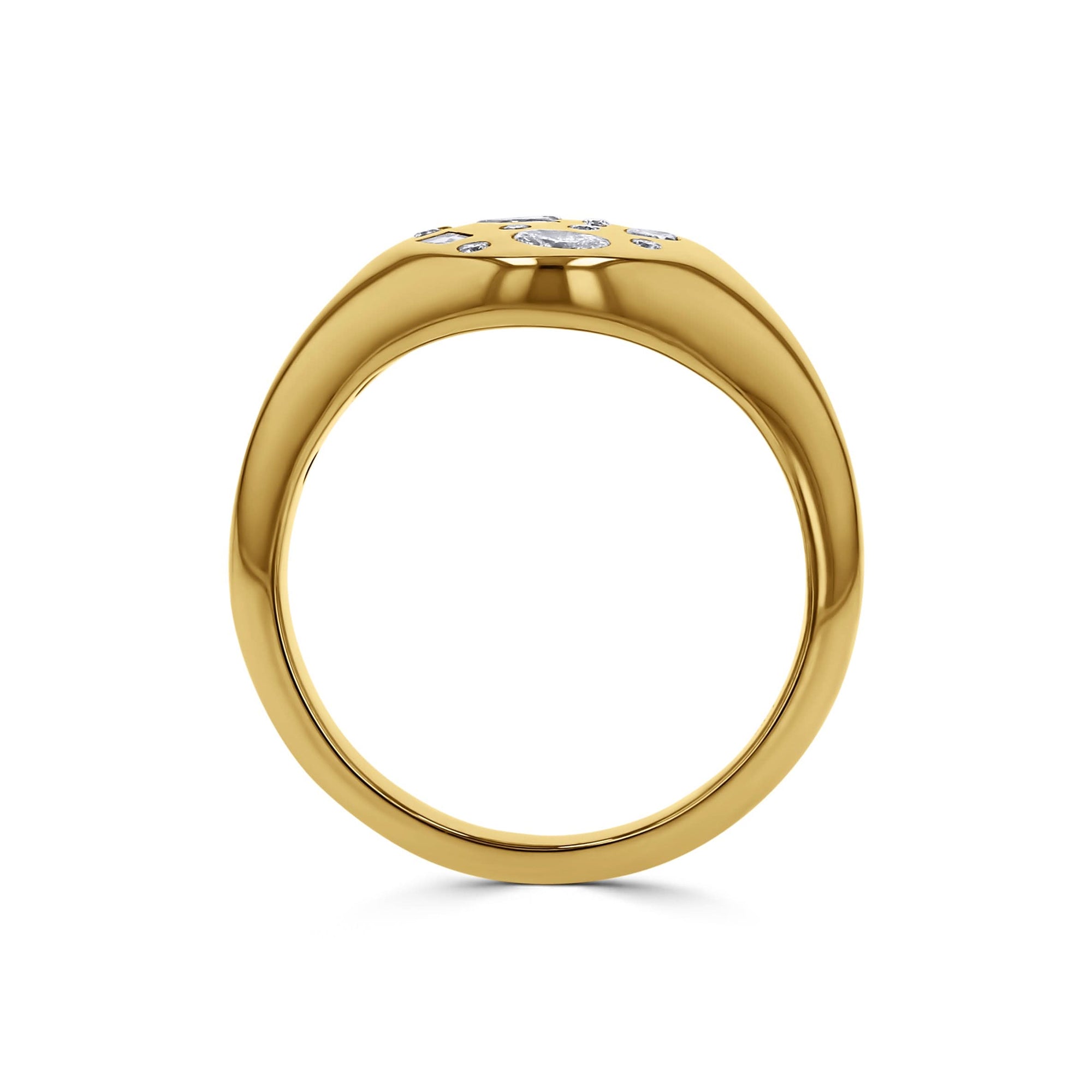Gold ring with small diamonds on a white background shank view
