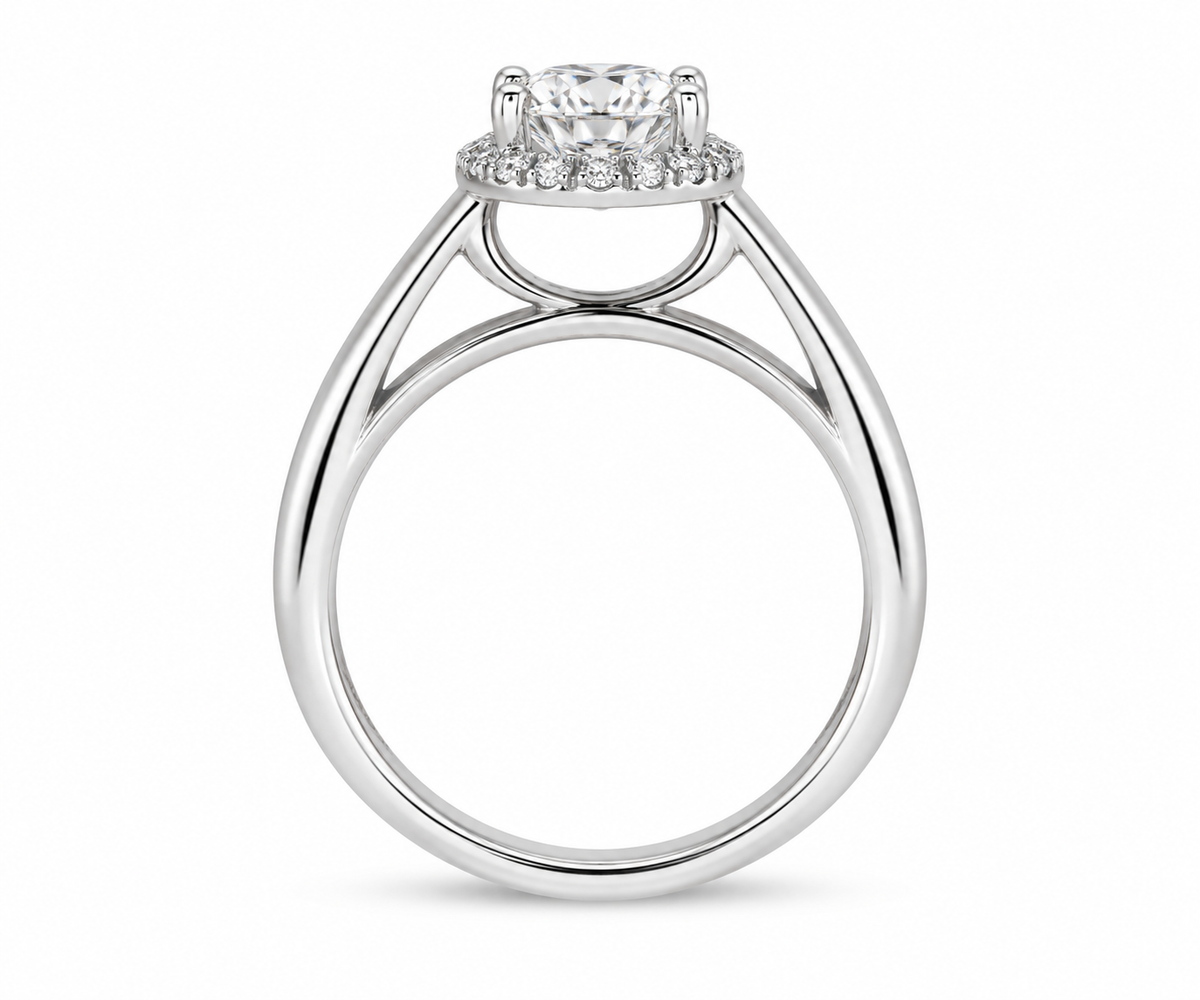 A silver-toned diamond engagement ring with a round center stone and a halo of smaller diamonds, shown on a clean white background. side view