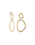 yellow gold dangle earrings with silver and embedded diamonds on a whit background