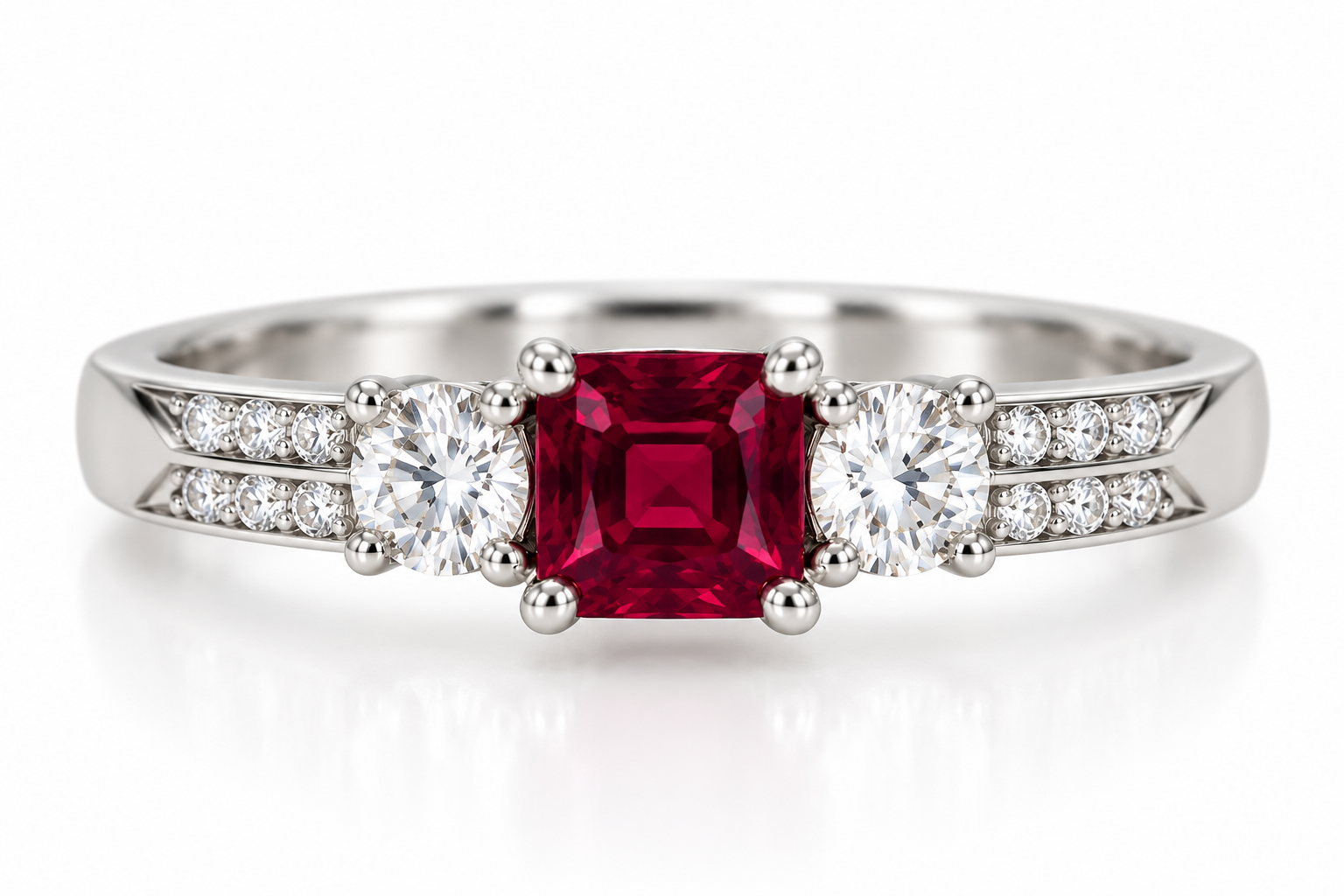 A platinum ring featuring a central square red ruby gemstone flanked by two round brilliant-cut diamonds, with additional small diamonds set along the shoulder,  shown on a white background.