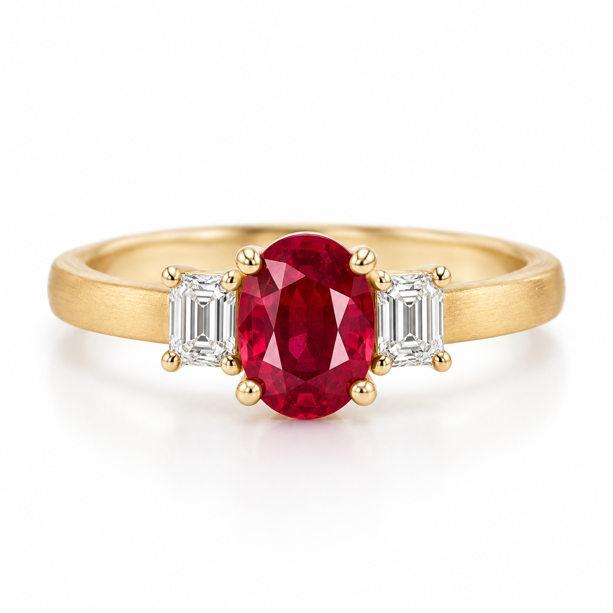 A yellow gold ring featuring an oval-cut red ruby center stone flanked by two emerald-cut clear diamonds, set against a clean white background.