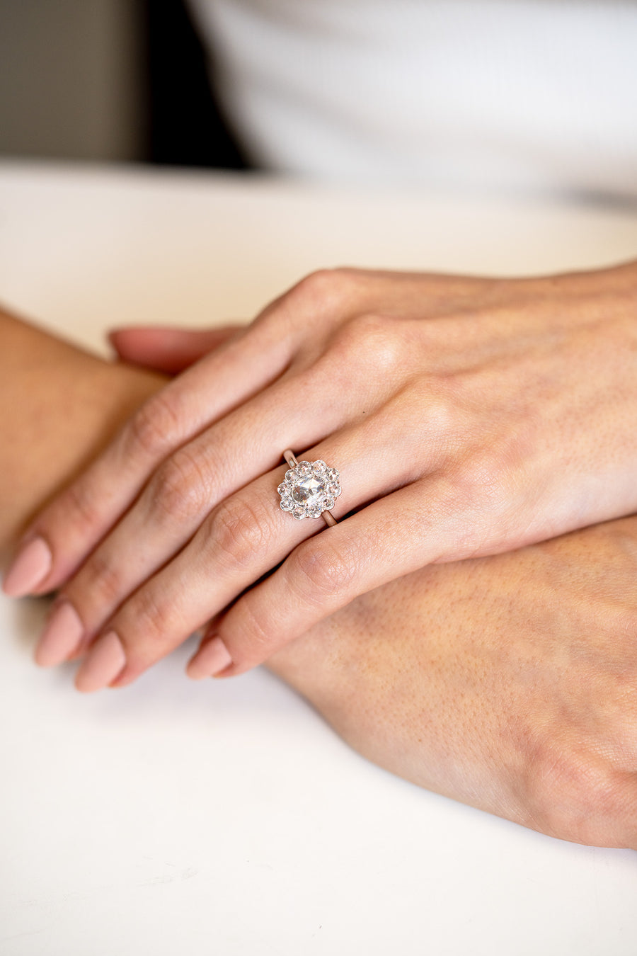 Rose-Cut Floral Halo Engagement Ring