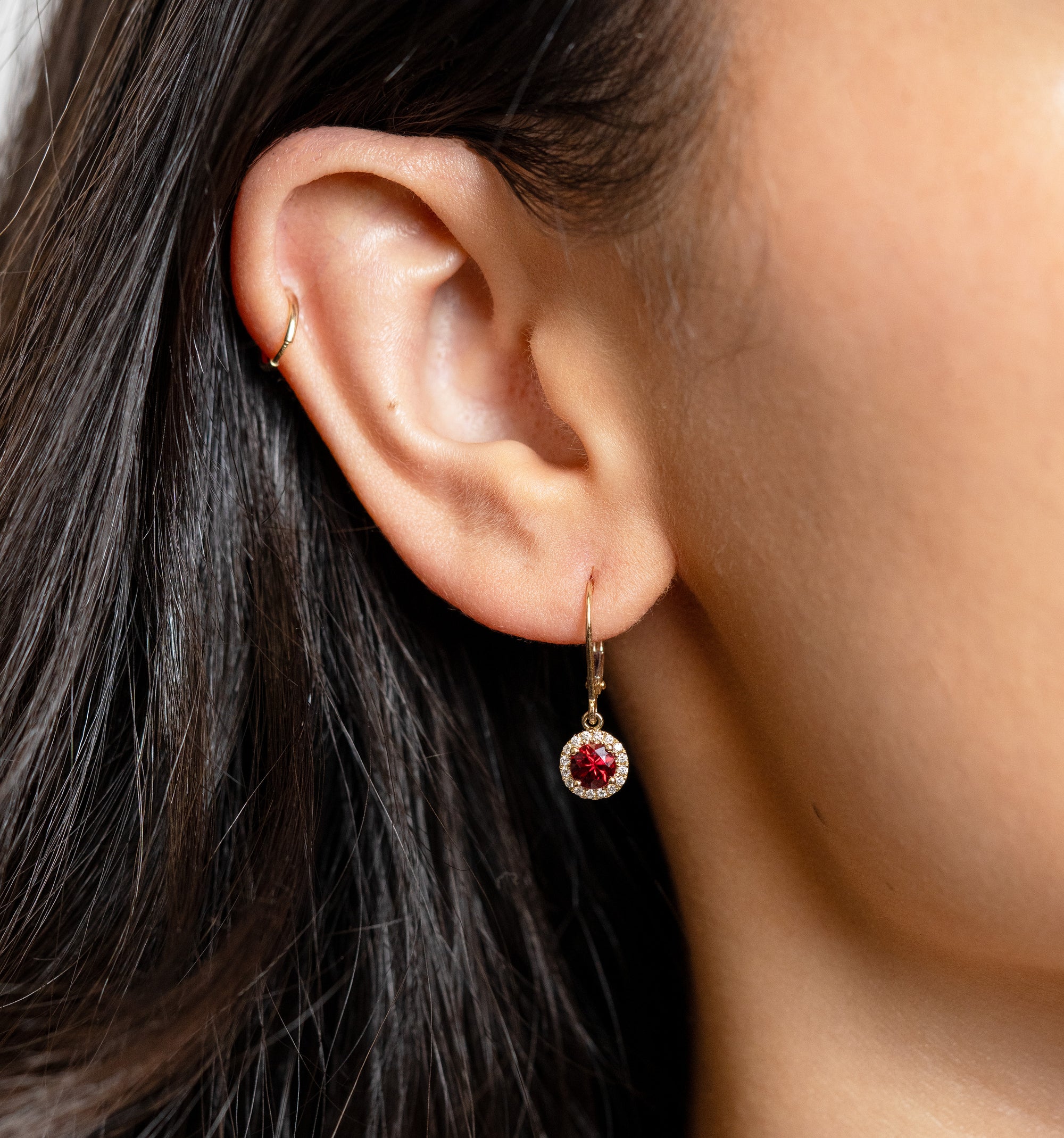 Ruby & Diamond Halo Dangle Earrings - Skeie's Jewelers