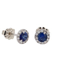 A pair of 14k white gold halo stud earrings featuring vibrant 4mm round blue sapphires encircled by a shimmering border of brilliant-cut white diamonds, resting on a  white backgound.