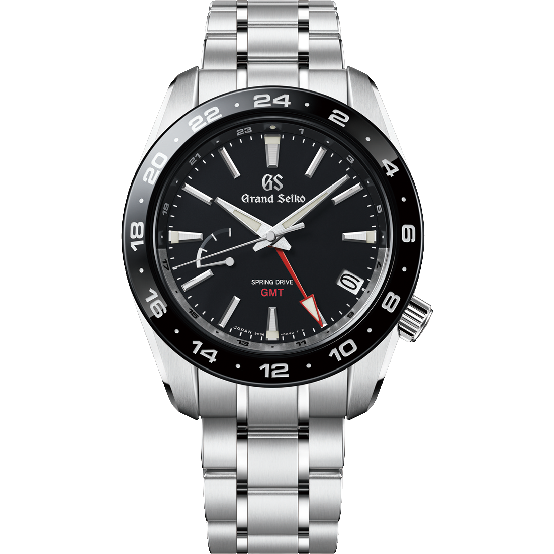 Grand Seiko watch with black dial and silver bracelet on a white background