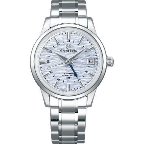 Studio product photograph of the Grand Seiko SBGJ249 Elegance GMT watch, featuring a 39.5mm stainless steel case, a light blue horizontal wave textured "Shōsho" dial, a dark blue GMT hand, and a matching steel link bracelet.