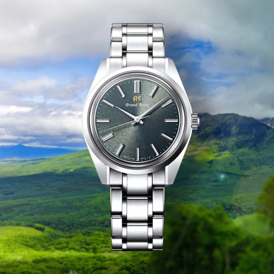 Silver watch with a greenish face on a scenic background of mountains and greenery