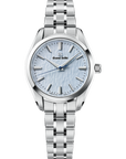 A Grand Seiko Heritage Collection SBGX361 "Skyflake" quartz watch showcasing a 33mm stainless steel case and matching three-row bracelet, highlighting its slim 9.1mm profile and pale blue wind-swept snow textured dial accented by diamond-cut dauphine hands.