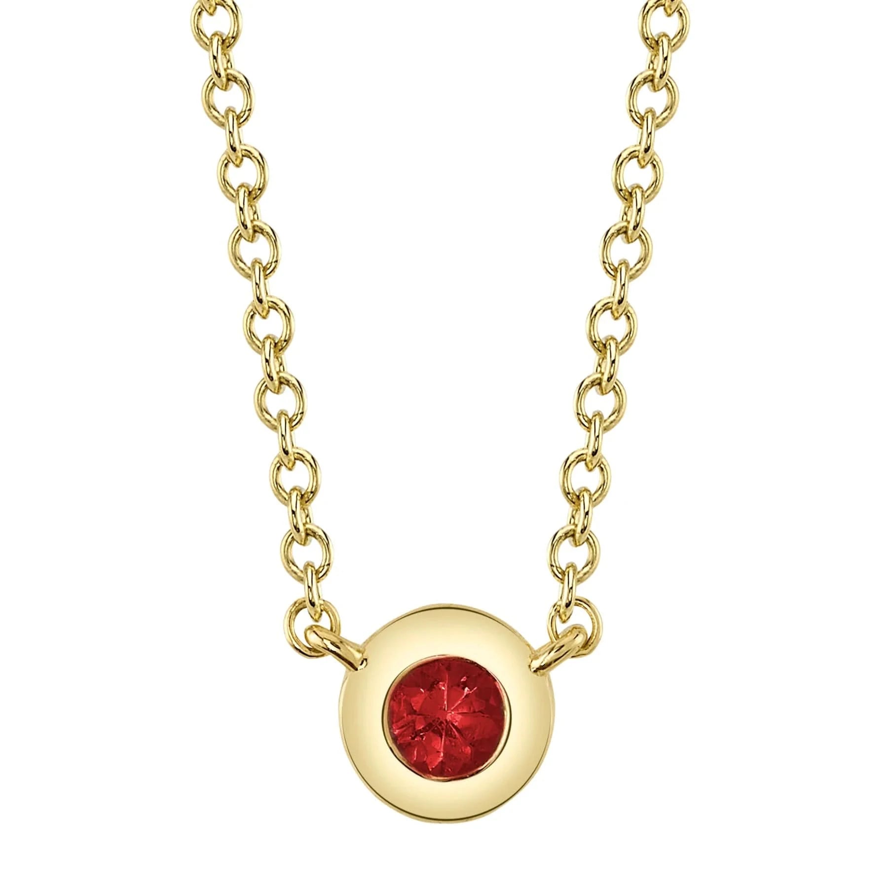A front view of the Shy Creation Bailey Ruby Bezel Necklace (Style SC55026481) showcasing a dainty round natural red ruby inside a smooth 14k yellow gold bezel pendant, suspended from a fine matching gold cable chain on a crisp white background.