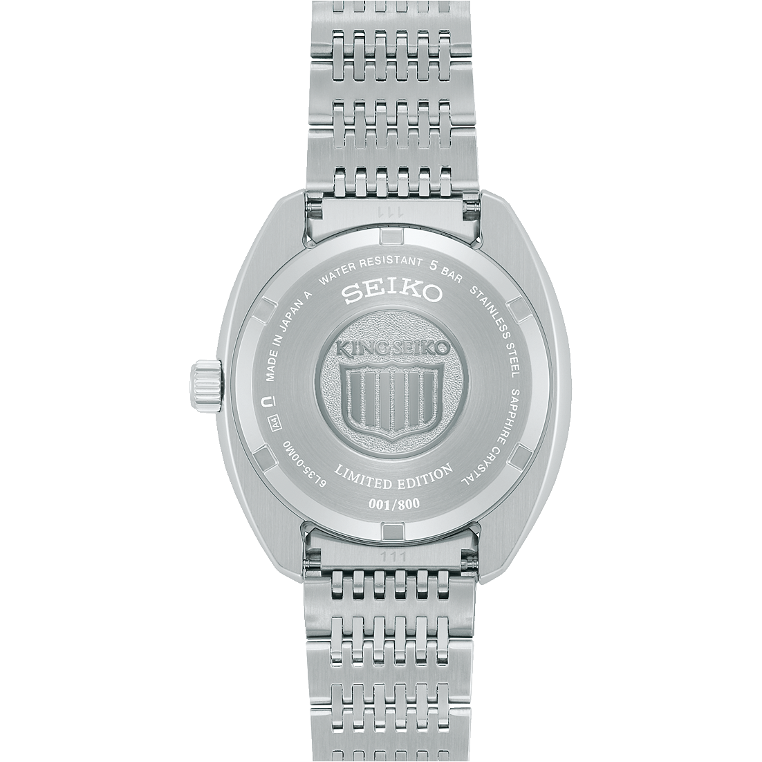 Silver Seiko watch with detailed case back on a white background