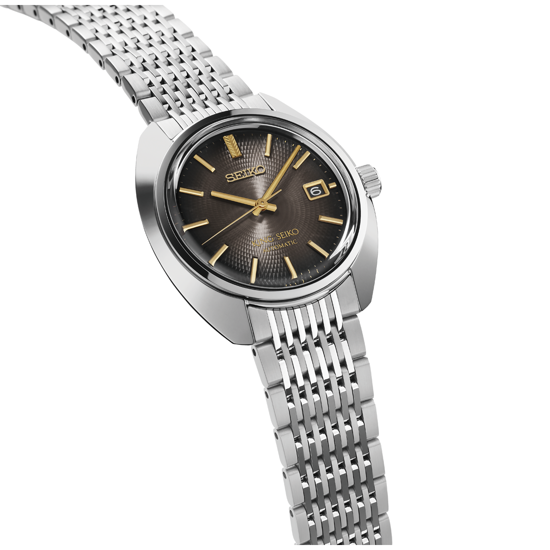Silver Seiko watch with a black face on a white background angled view