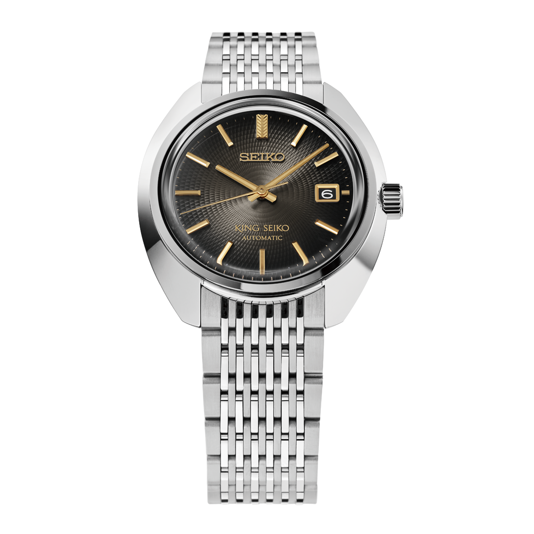 Seiko watch with a gradient  black dial and silver metal strap on a white background