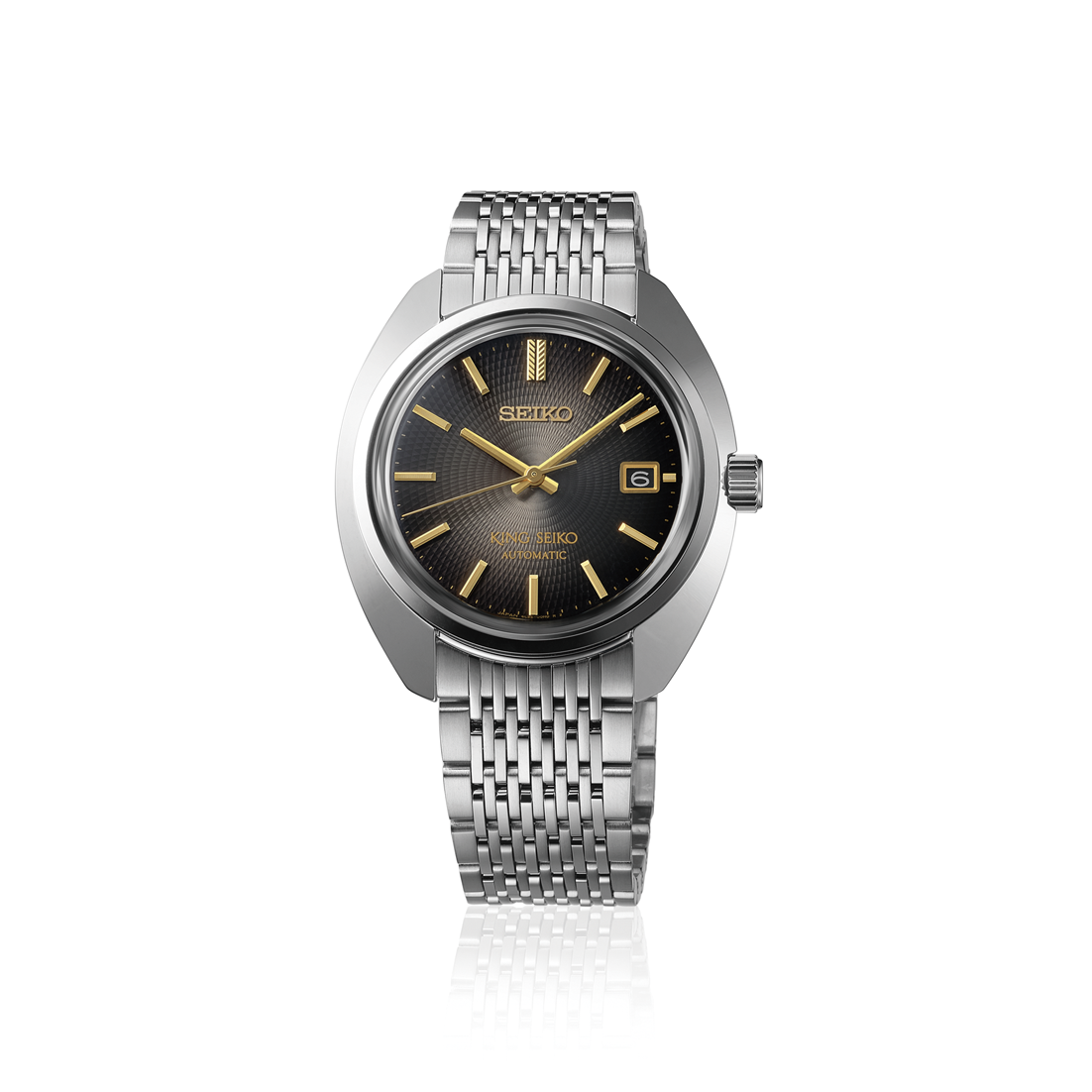 A King Seiko SJE121 limited edition automatic watch, showcasing its 38.6mm ultra-slim stainless steel case, textured charcoal black dial with multifaceted silver indices, and a vintage-style seven-link metal bracelet.