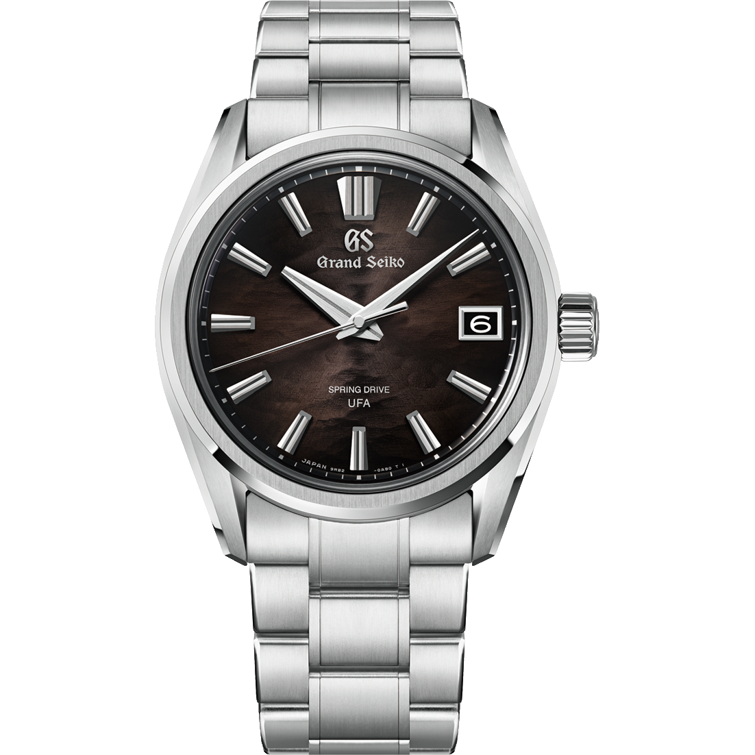 A Grand Seiko wristwatch with a polished stainless steel link bracelet and a dark wood-grain dial, shown against a solid white background.
