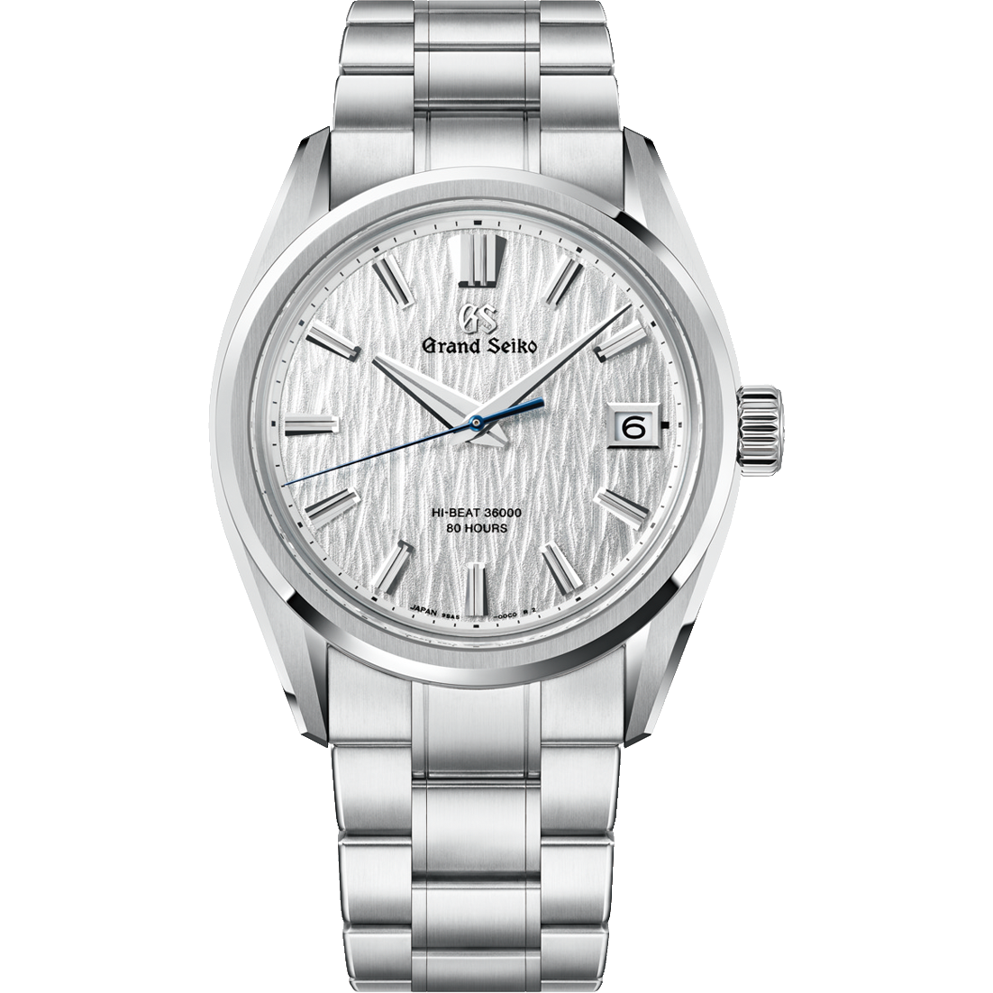 A Grand Seiko stainless steel watch with a textured silver dial, silver-tone case, and matching steel link bracelet, shown against a plain white background.