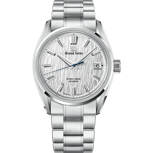 A Grand Seiko stainless steel watch with a textured silver dial, silver-tone case, and matching steel link bracelet, shown against a plain white background.