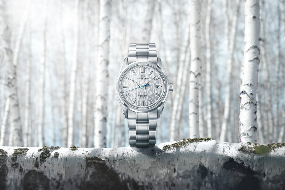A silver-tone wristwatch with a white dial and blue hands stands upright on a birch log in a snowy forest setting.