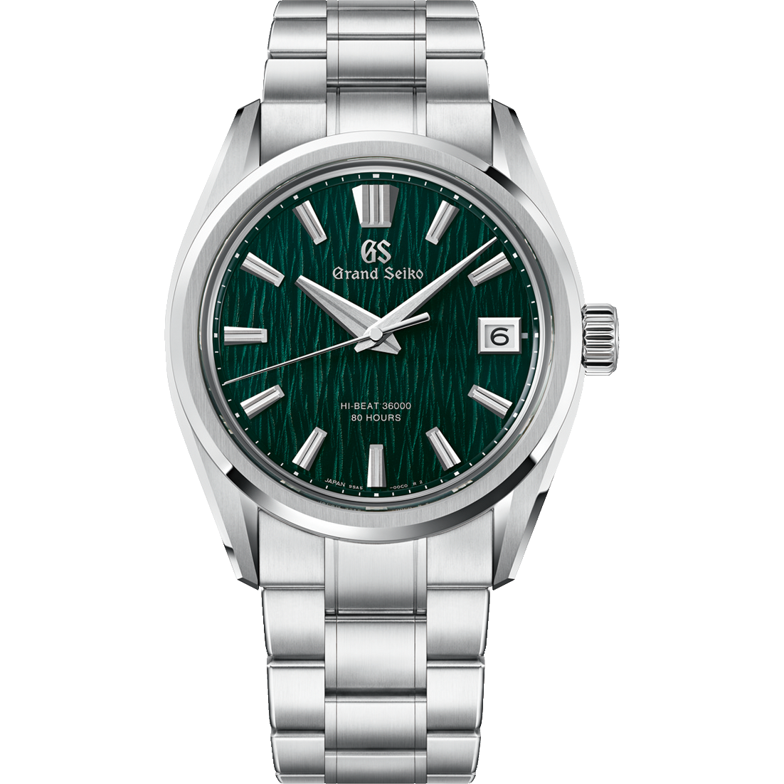 A Grand Seiko wristwatch with a polished silver stainless steel case and integrated link bracelet, featuring a textured dark green dial with silver-tone indices and hands.