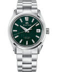 A Grand Seiko wristwatch with a polished silver stainless steel case and integrated link bracelet, featuring a textured dark green dial with silver-tone indices and hands.