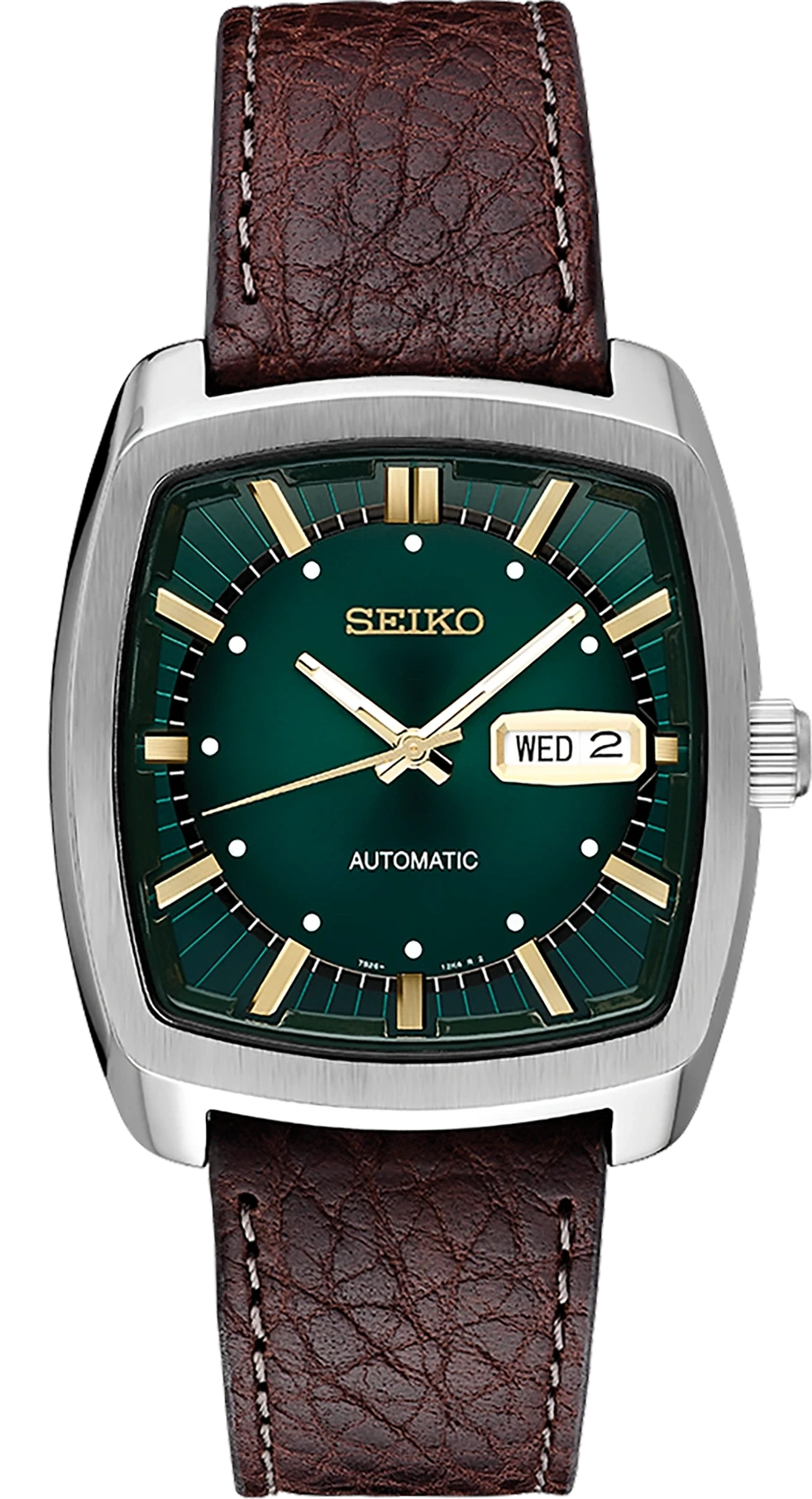 Seiko watch with green face and brown leather strap on white background