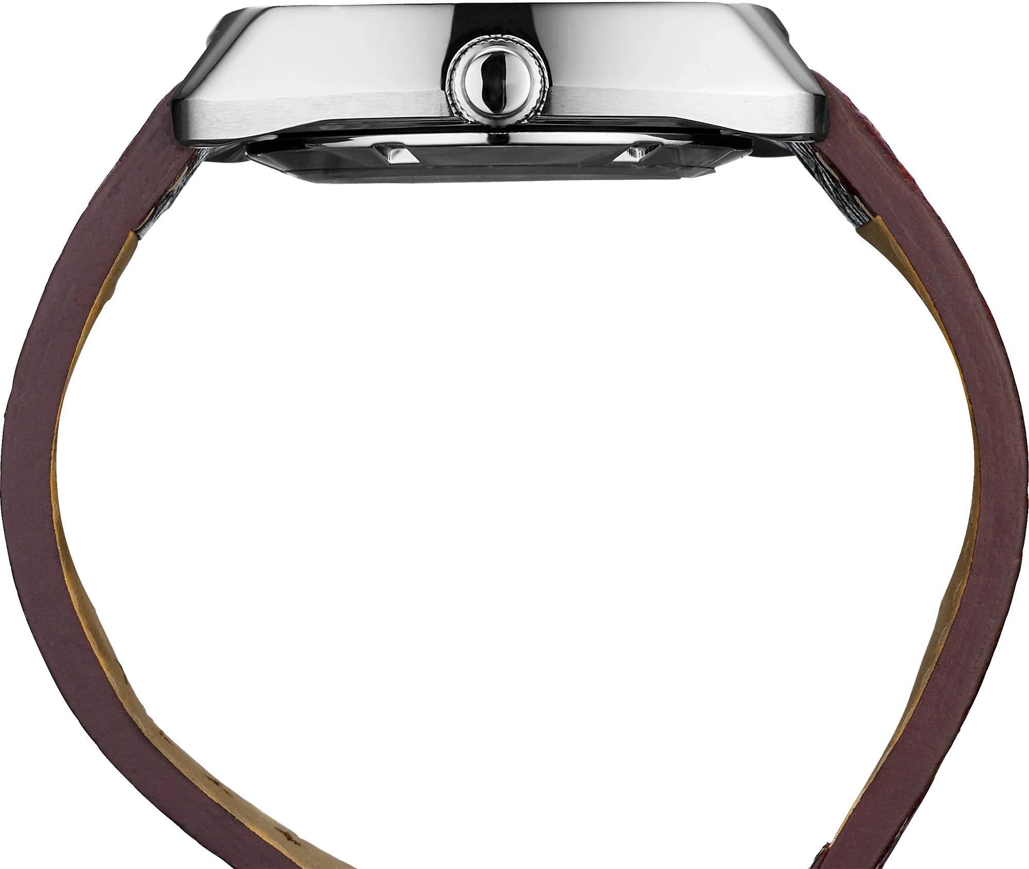Close-up of a watch with a brown leather strap and silver case on a white background