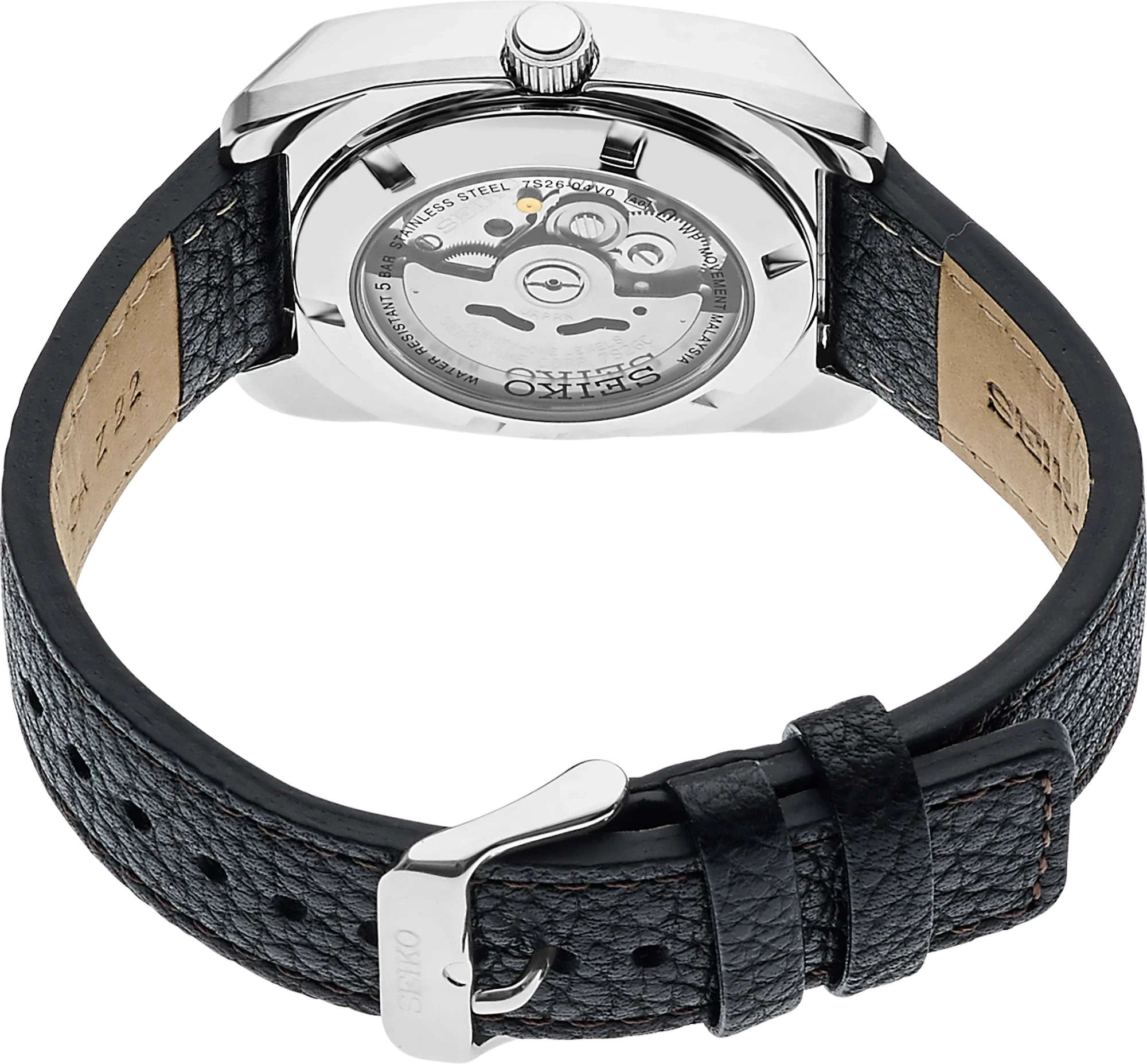 Seiko watch with black leather strap and visible mechanism on a white background