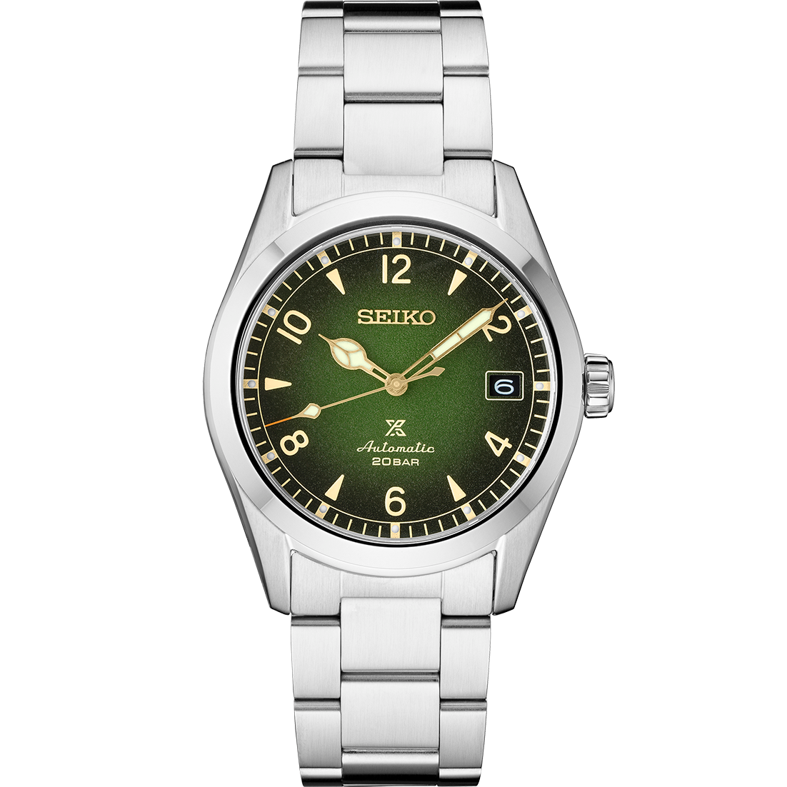 Seiko watch with green dial and silver metal strap on a white background