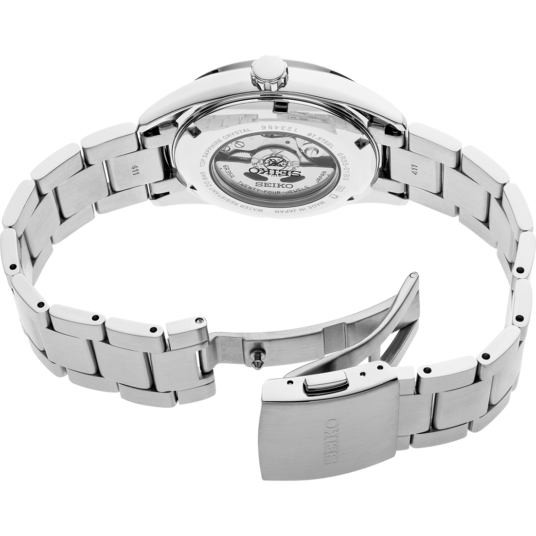 Silver Seiko watch with metal band on a white background back of watch