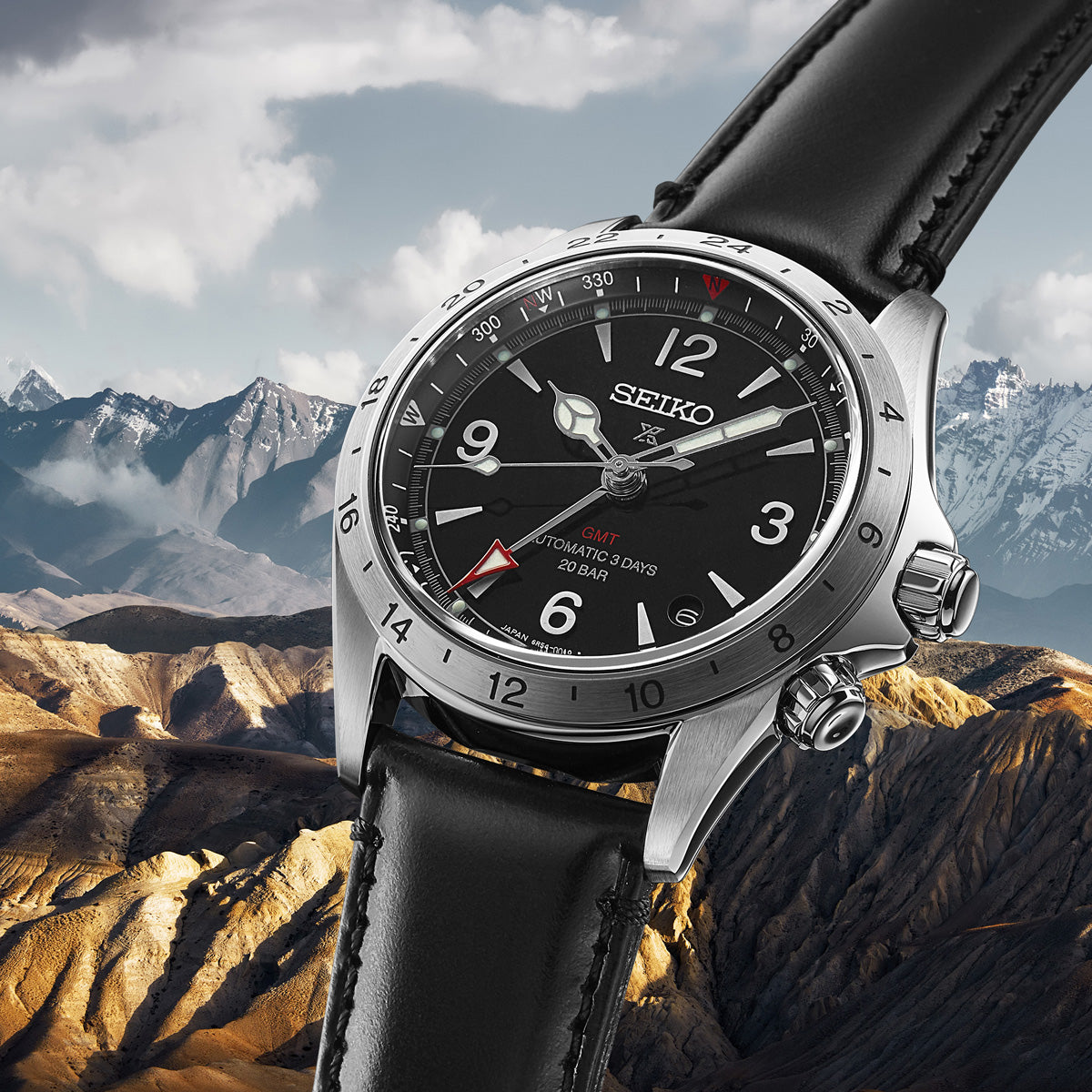 seiko alpinist gmt spb379 black dial automatic watch