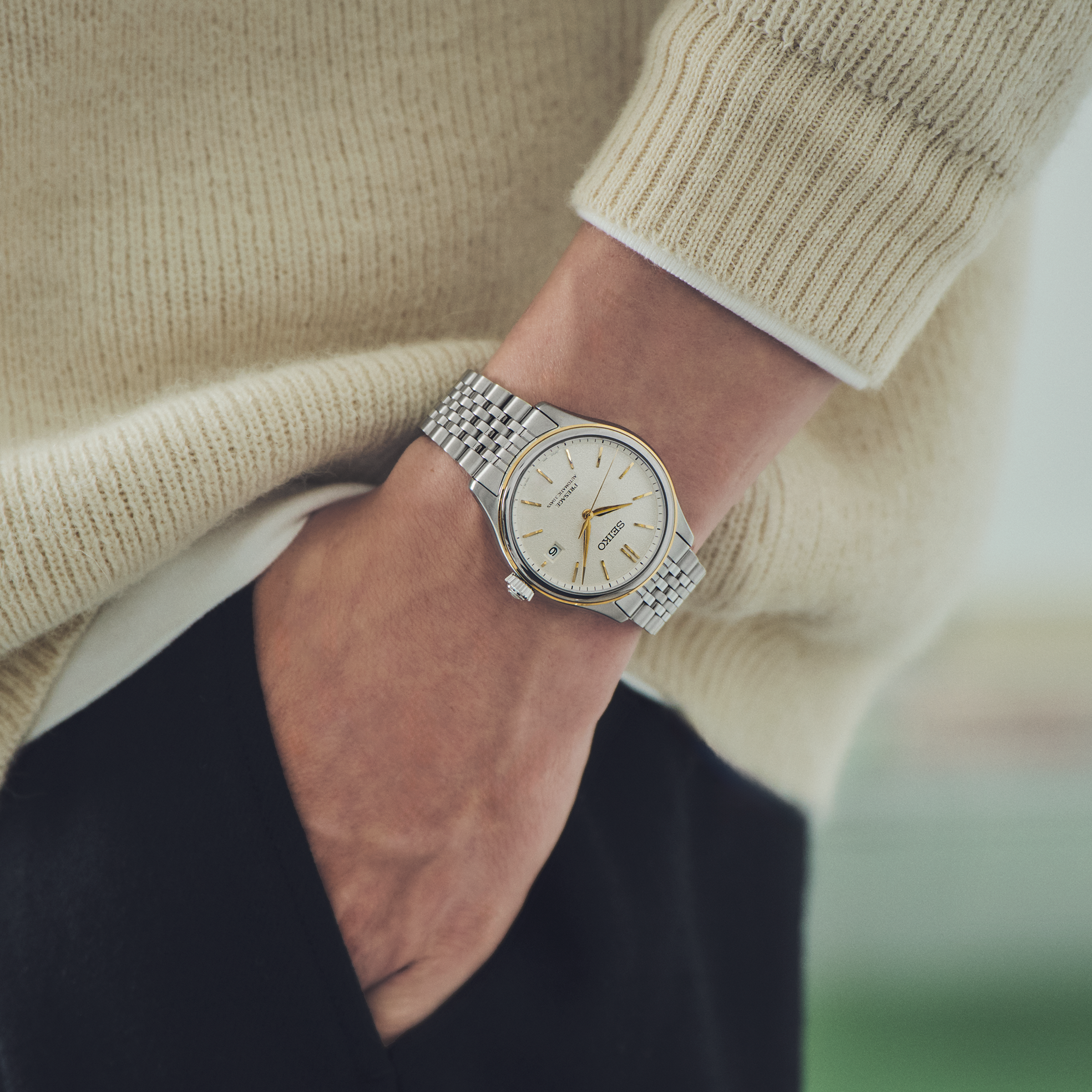 Seiko Presage SPB478 Silk Dial Gold Accent Watch - Skeie's Jewelers