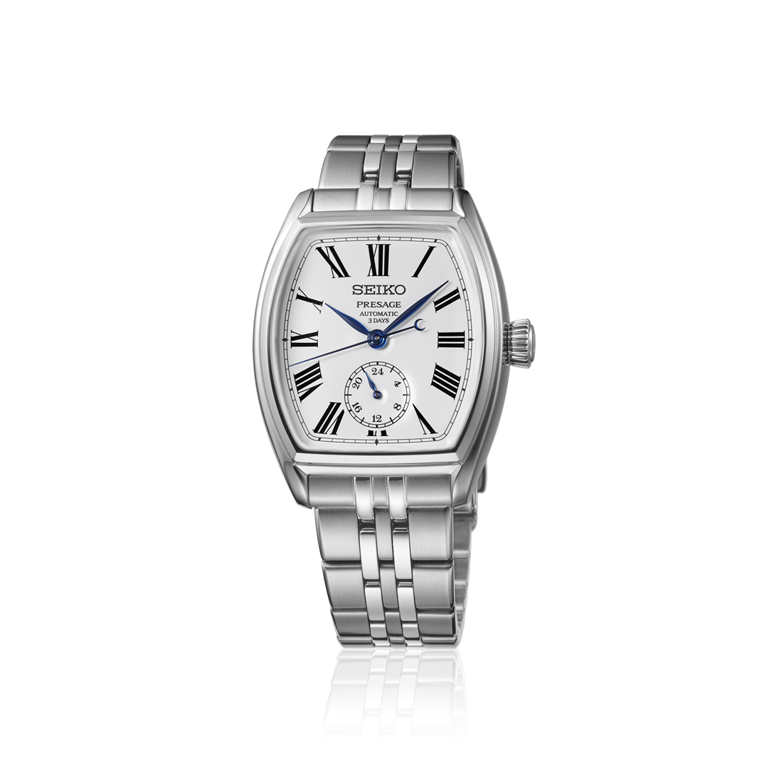 A Seiko Presage Classic Series SPB537J1 automatic watch, showcasing its 35.9mm tonneau-shaped stainless steel case, a pure white genuine enamel dial with blue Roman numerals, blued hands, a 24-hour subdial at 6 o'clock, and a matching steel link bracelet.
